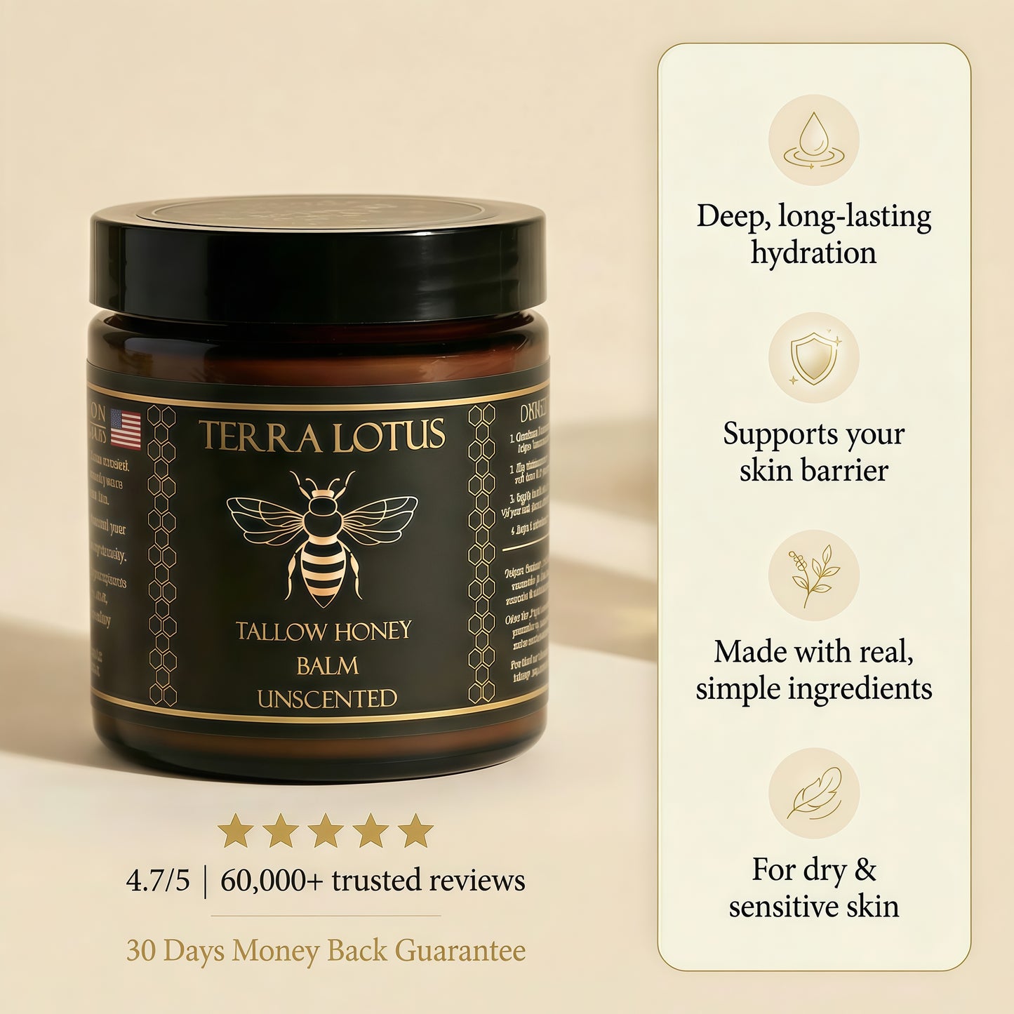 Terra Lotus - Organic Grass-Fed Beef Tallow Balm with Raw Honey - Moisturizing Cream - Handmade All-Natural Moisturizer