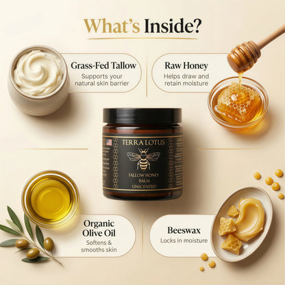 Terra Lotus - Organic Grass-Fed Beef Tallow Balm with Raw Honey - Moisturizing Cream - Handmade All-Natural Moisturizer